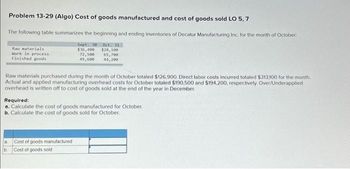 Problem 13-29 (Algo) Cost of goods manufactured and cost of goods sold LO 5, 7
The following table summarizes the beginning and ending inventories of Decatur Manufacturing Inc. for the month of October:
Sept. 30 Oct. 31
$36,400
$28,100
65,700
44,200
Raw materials
Work in process
Finished goods
Raw materials purchased during the month of October totaled $126,900. Direct labor costs incurred totaled $313.100 for the month.
Actual and applied manufacturing overhead costs for October totaled $190,500 and $194,200, respectively. Over/Underapplied
overhead is written off to cost of goods sold at the end of the year in December
72,500
49,600
Required:
a. Calculate the cost of goods manufactured for October.
b. Calculate the cost of goods sold for October.
Cost of goods manufactured
a
b. Cost of goods sold