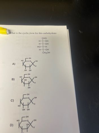 What is the cyclic form for this carbohydrate:
CHO
OH
HO
O
OH
A)
H
OH
OH
OH
HO
°
OH
B)
OH
H
OH
OH
°
OH
C)
H
HO
OH OH
D)
HO
OH
OH
OH
H
HOH
HOH
HO -H
H-
-OH
CH2OH