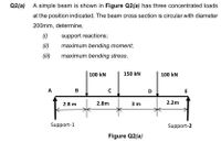 Q2(a)
A simple beam is shown in Figure Q2(a) has three concentrated loads
at the position indicated. The beam cross section is circular with diameter
200mm, determine,
(i)
support reactions;
(ii)
maximum bending moment;
(ii)
maximum bending stress.
100 kN
150 kN
100 kN
A
B
D
2.8 m
2.8m
3 m
2.2m
Support-1
Support-2
Figure Q2(a)
E.
