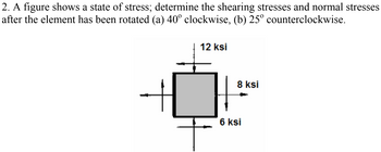 2. A figure shows a state of stress; determine the shearing stresses and normal stresses
after the element has been rotated (a) 40° clockwise, (b) 25° counterclockwise.
12 ksi
8 ksi
6 ksi