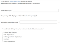 Use the interactive Punnett Squares, Level 5 to answer the questions.
How many phenotypes result from a cross between the two parents in the interactive?
number of phenotypes:
What percentage of the offspring are predicted to have the A blood phenotype?
percentage of offspring with A blood:
%
For an individual with O type blood, what would the blood cell look like in the interactive?
a different shape of antigens
circle-shaped antigens
both triangle and circle-shaped antigens
no antigens
triangle-shaped antigens
