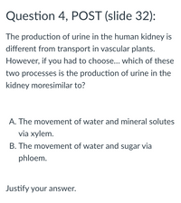 Question 4, POST (slide 32):
The production of urine in the human kidney is
different from transport in vascular plants.
However, if you had to choose... which of these
two processes is the production of urine in the
kidney moresimilar to?
A. The movement of water and mineral solutes
via xylem.
B. The movement of water and sugar via
phloem.
Justify your answer.
