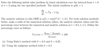 Solve the following initial value problem by hand calculation over the interval from t = 0
to t = 2 using the two specified methods. The initial condition is y(0) = 1.
dy
dt
= t²y — 1.1y
-
The analytic solution to this ODE is y(t) = exp(t³/3- 1.1t). For both solution methods
below, make a table of the numerical solution values, the analytic solution values and the
percentage error between the numerical and analytic solution at t = 0.5, 1, 1.5. Define the
percentage error as follows:
Ynum Yanalytic
% error =
× 100
Yanalytic
(a) Using Euler's method with h = 0.5 and h = 0.25.
(b) Using the midpoint method with h = 0.5