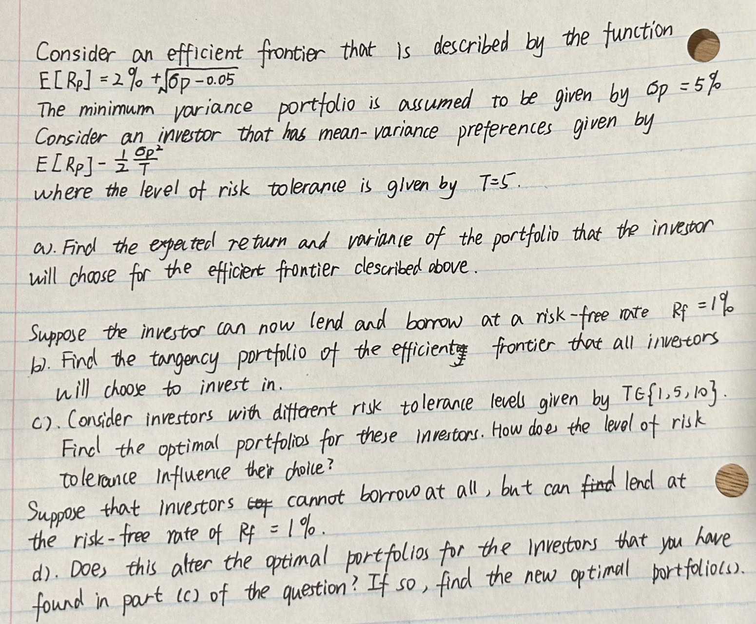 Consider An Efficient Frontier That Is Described… | Bartleby