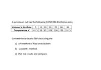 A petroleum cut has the following ASTM D86 Distillation data:
Volume % distillate
Temperature -C
10 30 50
70 90
95
41.5 59 82 108 136 176 191.5
Convert these data to TBP data using the
a) API method of Riazi and Daubert
b) Daubert's method.
c) Plot the results and compare.
