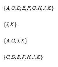 {A, C, D, E, F,G, H,J,K}
{J,K}
{A, G, J,K}
{C,D, E, F,H,J, K}
