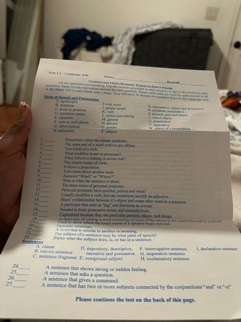 Test 1.2-Language Arts
Name
1.
2.
3.
4.
5.
6.
7.
8.
9.
10.
11.
12.
13.
14.
15.
16.
17.
18.
19.
20.
21.
22.
23.
Record
All the questions are matching. Use the answers provided in each category to use in the blanks by each
question. There is only one correct answer for each question. Please write only the letter by each answer to fill
in the blank. Fill in each blank with a letter. You will have 30 minutes to complete this test for Language Arts.
CHRISTIAN HIGH SCHOOL EQUIVALENCY EXAM
Parts of Speech and Punctuation
Sentences
A. apostrophe
B.
synonym
C. noun or pronoun
D. quotation marks
E. adjective
I. root word
J. proper nouns
K. verb
L. action and linking
M. gerund
F. verb or verb phrase
N. adverb
O. gender
G. abbreviations
H. antonyms
P. subject
Q. nominative, object and possessive
R. predicate nominative
S. present, past and future
T. direct object
U. preposition
V. appositive
W. object of a preposition
diunt boving A
nosib giodt not bovisado anobi 10 alssido som 10 ow
Sometimes called the simple predicate. to sobi nismod estate tarit constripe on T
The main part of a word without any affixes. gnisinagio 101 one smol A
Two kinds of a verb.
og at ydottiw stil e'nozisqa tuods viola A
What modifies nouns or pronouns? yd nottiw otil a moans a to vote nolit A
What follows a linking or action verb?
The simple tenses of verbs.io Juoda noitamolni orto esvig tadi aqam to lood A
show a svormi ter zognado odaM
Follows a preposition.
gaitsom vhsbro ne toubnoo of boau bodiem odT
amynoins bas emynonye to anoitoib A
ansonomA gnivil tuoda epidiqungoid to lood A
Tells more about another noun.
Answers "What?" or "Whom?".
Who or what the sentence is about.
The three cases of personal pronouns.commoz to abrow nwo a'ono ni omotates A
Personal pronouns have number, person and what? aid no to moitos A
Usually modifies a verb, but can sometimes modify an adjective. do
mo
Show's relationship between it's object and some other word in a sentence.
A participle that ends in "ing" and functions as a noun.
Needed to form possessive nouns and contradictions.
Capitalized because they are particular persons, places, and things.
A short way of writing a word consisting of some of the letters in the word followed by a period.
Used to show where the exact words of a speaker begin and end.
Opposite meanings.
A word that is similar to another in meaning.
The subject of a sentence may be what parts of speech?
States what the subject does, is, or has in a sentence.
A. clause
B. run-on sentence
D. expository, descriptive,
narrative and persuasive
C. sentence fragment E. compound subject
F. interrogative sentence
I. declarative sentence
G. imperative sentence
H. exclamatory sentence
A sentence that shows strong or sudden feeling.
A sentence that asks a question.
A sentence that gives a command.
A sentence that has two or more subjects connected by the conjunctions "and" or "or".
Please continue the test on the back of this page.
26
27
2222
24.
25