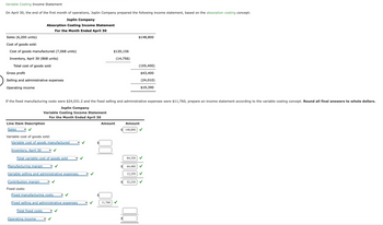 Variable Costing Income Statement
On April 30, the end of the first month of operations, Joplin Company prepared the following income statement, based on the absorption costing concept:
Sales (6,200 units)
Cost of goods sold:
Joplin Company
Absorption Costing Income Statement
For the Month Ended April 30
Cost of goods manufactured (7,068 units)
Inventory, April 30 (868 units)
Total cost of goods sold
Gross profit
Selling and administrative expenses
Operating income
$148,800
$120,156
(14,756)
(105,400)
$43,400
(24,010)
$19,390
If the fixed manufacturing costs were $24,031.2 and the fixed selling and administrative expenses were $11,760, prepare an income statement according to the variable costing concept. Round all final answers to whole dollars.
Joplin Company
Variable Costing Income Statement
For the Month Ended April 30
Amount
Amount
$ 148,800
Line Item Description
Sales
Variable cost of goods sold:
Variable cost of goods manufactured
Inventory, April 30
Total variable cost of goods sold
84,320
Manufacturing margin
64,480
Variable selling and administrative expenses
12,250
Contribution margin
52,230
Fixed costs:
Fixed manufacturing costs
Fixed selling and administrative expenses
Total fixed costs
Operating income
11,760