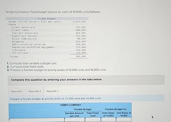 Tempo Company's fixed budget (based on sales of 14,000 units) folllows.
Fixed Budget
Sales (14,000 units x $201 per unit)
Costs
Direct materials.
Direct labor
Indirect materials
Supervisor salary
Sales commissions
Shipping
Administrative salaries
Depreciation-Office equipment
Insurance
Office rent
Income
2,814,000
Required 1 Required 2
350,000
588,000
Required 3
364,000
150,000
1. Compute total variable cost per unit.
2. Compute total fixed costs.
3. Prepare a flexible budget at activity levels of 12,000 units and 16,000 units.
98,000
224,000
200,000
170,000
140,000
150,000
380,000
Complete this question by entering your answers in the tabs below.
Prepare a flexible budget at activity levels of 12,000 units and 16,000 units.
TEMPO COMPANY
Flexible Budget
Variable Amount Total Fixed
per Unit
Cost
Flexible Budget for:
Units Sales Unit Sales of
of 12,000
16,000