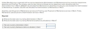 Hildale Manufacturing is organized with two service departments (Administration and Maintenance) and two production departments
(Assembly and Finishing). The company uses the step method to allocate service department costs, allocating costs from
Administration first. In March, $148,000 was allocated from Maintenance to Assembly (including any cost allocated from Administration
to Maintenance). In addition, $31,000 was allocated from Administration to Maintenance in March.
Assembly used 25 percent of Maintenance services and Finishing used 75 percent of Maintenance services in March. Finally,
Maintenance used 20 percent of Administration services in March.
Required:
a. What are the total costs incurred by Administration in March?
b. What are the total costs incurred by Maintenance (before any allocations) in March?
a. Total costs incurred by Administration in March
b. Total costs incurred by Maintenance (before any allocations) in March