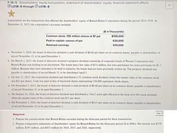 P 18-5 Shareholders' equity transactions; statement of shareholders' equity; financial statement effects
LO18-6 through LO18-8
Listed below are the transactions that affected the shareholders' equity of Branch-Rickie Corporation during the period 2024-2026. At
December 31, 2023, the corporation's accounts included:
Common stock, 105 million shares at $1 par
Paid-in capital-excess of par
Retained earnings
($ in thousands)
$105,000
630,000
970,000
a November 1, 2024, the board of directors declared a cash dividend of $0.80 per share on its common shares, payable to shareholders of
record November 15, to be paid December 1.
b. On March 1, 2025, the board of directors declared a property dividend consisting of corporate bonds of Warner Corporation that
Branch-Rickie was holding as an investment. The bonds had a fair value of $1.6 million, but were purchased two years previously for $1.3
million. Because they were intended to be held to maturity, the bonds had not been previously written up. The property dividend was
payable to shareholders of record March 13, to be distributed April S.
c. On July 12, 2025, the corporation declared and distributed a 5% common stock dividend (when the market value of the common stock
was $21 per share). Cash was paid in lieu of fractional shares representing 250,000 equivalent whole shares.
d. On November 1, 2025, the board of directors declared a cash dividend of $0.80 per share on its common shares, payable to shareholders
of record November 15, to be paid December 1.
e. On January 15, 2026, the board of directors declared and distributed a 3-for-2 stock split effected in the form of a 50% stock dividend
when the market value of the common stock was $22 per share.
f. On November 1, 2026, the board of directors declared a cash dividend of $0.65 per share on its common shares, payable to shareholders
of record November 15, to be paid December 1.
Page 105
Required:
1. Prepare the journal entries that Branch-Rickie recorded during the three-year period for these transactions.
2. Prepare comparative statements of shareholders' equity for Branch-Rickie for the three-year period (Sin 000s). Net income was $330
million, $395 million, and $455 million for 2024, 2025, and 2026, respectively.
4