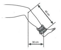 The image depicts a leg bent at the knee with a weight attached to the ankle. The upper leg is positioned horizontally, while the lower leg is angled downward. Two distance measurements are indicated with arrows and labels: 

1. The horizontal distance from the knee to the ankle is labeled as "30 cm."
2. The vertical distance from the knee to the foot is labeled as "40 cm."

This diagram is likely used in an educational context to illustrate principles of biomechanics or physics, such as torque or lever systems, by demonstrating the impact of weights and positioning on joint movement.