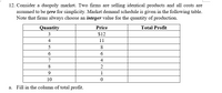 12. Consider a duopoly market. Two firms are selling identical products and all costs are
assumed to be zero for simplicity. Market demand schedule is given in the following table.
Note that firms always choose an integer value for the quantity of production.
Quantity
Price
Total Profit
3
$12
4
11
5
8
6
6.
7
4
8
2
1
10
a. Fill in the column of total profit.
