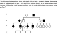 The following family pedigree shows individuals afflicted with a metabolic disease. Suppose the
male (b) and the female (c) have 2 girls and 2 boys, indicate directly on the pedigree the symbols
for these children that would be most consistent with the mode of inheritance observations in the
pedigree?
II
II
a
b
d
e
IV
