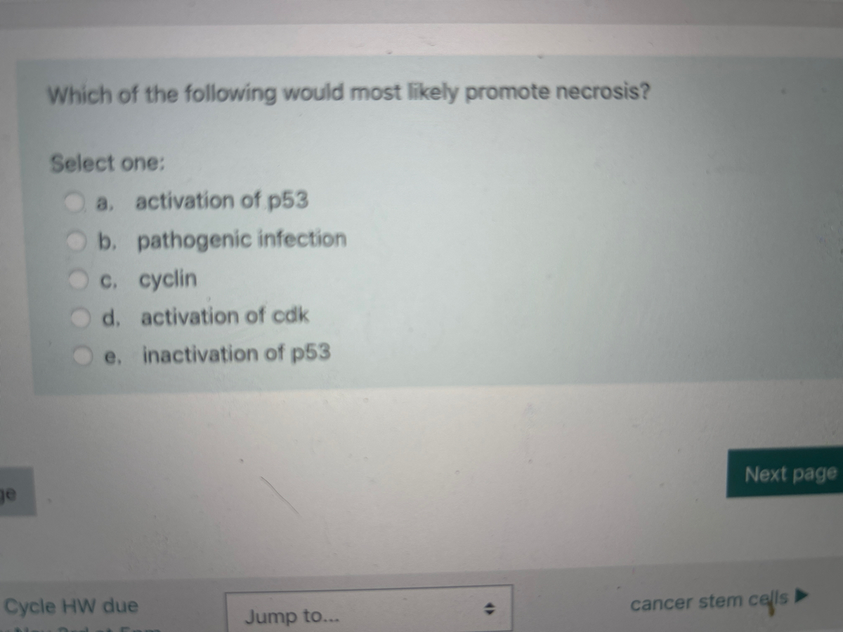 ge
Which of the following would most likely promote necrosis?
Select one:
a. activation of p53
b. pathogenic infection
c. cyclin
d. activation of cdk
e. inactivation of p53
Cycle HW due
Jump to...
46
Next page
cancer stem cells