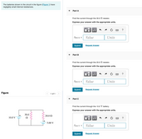 **Transcription for Educational Website:**

---

**The batteries shown in the circuit in the figure (Figure 1) have negligibly small internal resistances.**

---

**Figure Description:**

The diagram illustrates a circuit containing two voltage sources and two resistors. The left side of the circuit includes a 10.0 V battery connected in series with a 30.0 Ω resistor. The right side features a 5.00 V battery connected in parallel with a 20.0 Ω resistor. These components are connected in a mixed configuration of series and parallel.

---

**Exercises:**

**Part A**

- **Task:** Find the current through the 30.0 Ω resistor.
- **Instructions:** Express your answer with the appropriate units.
- **Input Box:** 
  - \( I_{30.0 \, \Omega} = \) [Value] [Units]
- **Buttons:** Submit, Request Answer

---

**Part B**

- **Task:** Find the current through the 20.0 Ω resistor.
- **Instructions:** Express your answer with the appropriate units.
- **Input Box:** 
  - \( I_{20.0 \, \Omega} = \) [Value] [Units]
- **Buttons:** Submit, Request Answer

---

**Part C**

- **Task:** Find the current through the 10.0 V battery.
- **Instructions:** Express your answer with the appropriate units.
- **Input Box:** 
  - \( I_{10.0 \, V} = \) [Value] [Units]
- **Buttons:** Submit, Request Answer

---