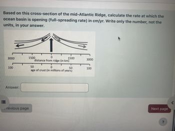 Based on this cross-section of the mid-Atlantic Ridge, calculate the rate at which the
ocean basin is opening (full-spreading rate) in cm/yr. Write only the number, not the
units, in your answer.
3000
100
Answer:
1500
0
distance from ridge (in km)
revious page
1500
50
50
0
age of crust (in millions of years)
3000
100
Next page
?