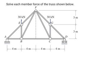 A
Solve each member force of the truss shown below.
F
30 kN
E
30 kN
3 m
3 m
D
C
B
4 m
4 m
4 m
4 m