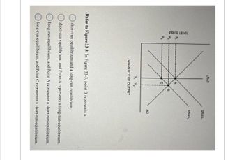 PRICE LEVEL
P₁
LRAS
B
Y, Y₂
QUANTITY OF OUTPUT
SRAS,
SRAS,
AD
Refer to Figure 33-3. In Figure 33-3, point B represents a
short-run equilibrium and a long-run equilibrium.
short-run equilibrium, and Point A represents a long-run equilibrium.
long-run equilibrium, and Point A represents a short-run equilibrium.
long-run equilibrium, and Point C represents a short-run equilibrium.