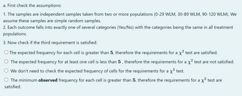 a. First check the assumptions:
1. The samples are independent samples taken from two or more populations (0-29 WLM, 30-89 WLM, 90-120 WLM). We
assume these samples are simple random samples.
2. Each outcome falls into exactly one of several categories (Yes/No) with the categories being the same in all treatment
populations.
3. Now check if the third requirement is satisfied:
O The expected frequency for each cell is greater than 5, therefore the requirements for a x? test are satisfied.
O The expected frequency for at least one cell is less than 5 , therefore the requirements for a x? test are not satisfied.
We don't need to check the expected frequency of cells for the requirements for a x? test.
The minimum observed frequency for each cell is greater than 5, therefore the requirements for a x? test are
satisfied.
