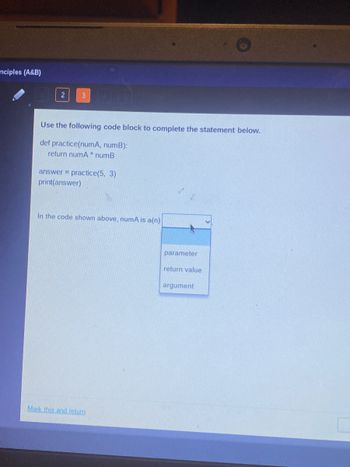 nciples (A&B)
2
3
Use the following code block to complete the statement below.
def practice(numA, numB):
return numAnumB
answer practice(5, 3)
print(answer)
In the code shown above, numA is a(n)
Mark this and return
parameter
return value
argument