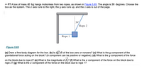 •• P7 A box of mass 40 kg hangs motionless from two ropes, as shown in Figure 5.65. The angle is 38 degrees. Choose the
box as the system. The x axis runs to the right, the y axis runs up, and the z axis is out of the page.
38°
Rope 2
Rope 1
Figure 5.65
(a) Draw a free-body diagram for the box. (b) Is dp/dt of the box zero or nonzero? (c) What is the y component of the
gravitational force acting on the block? (A component can be positive or negative). (d) What is the y component of the force
on the block due to rope 2? (e) What is the magnitude of F? (f) What is the x component of the force on the block due to
rope 2? (g) What is the x component of the force on the block due to rope 1?
