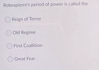 Robespierre's period of power is called the
O Reign of Terror
Old Regime
First Coallition
Great Fear
