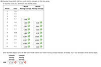(b) Develop three-month and four-month moving averages for this time series.
If required, round your answers to two decimal places.
з
З Month
4 Month
Month
Sales
Moving Average Moving Average
1
9.6
2
9.4
3
9.2
4
9.7
9.40
9.8
9.43
9.48
9.9
9.57
9.53
7
9.7
9.80 O
9.65
8
10.6
9.80
9.78
9
9.9
10.07
10.00
10
9.6
10.07
10.03
11
9.7
10.03
9.95
12
9.5
9.73
9.95
Enter the Mean Square Errors for the three-month and the four-month moving average forecasts. If needed, round your answers to three decimal digits.
3-month
4-month
moving
moving
average
average
MSE
0.170
0.229 8
