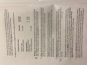 bus.
Reclassify $70,450 of property tax revenue to the Deferred Inflows of Resources
account in the General Fund journal only. To accomplish the reclassification of
revenue, debit the revenue account and credit deferred inflows of resources.
Select “Deferral” in the [Description] menu in the Detail Journal.
10. [Para. 4-a-10] The city's budget for 2023 was legally amended as follows:
туре
Estimated Revenues:
Property Taxes
Interest and Penalties
Appropriations:
General Government
Public Safety
Culture and Recreation
Decreases
$ 22,000
Increases
$17,500
$ 8,500
$ 9,000
$13,000
Required: Record the budget amendments in the General Fund general journal
only. Budgetary items do not affect the government-wide accounting records.
Select "Budget Amendment" in the [Description] box in the Detail Journal.
11. [Para. 4-a-11] Interest and penalties receivable on delinquent taxes was increased
by $8,454; $1,536 of this was estimated as uncollectible and based on past history
$2,113 was considered to be unavailable for use in the current fiscal year.
Required: Record this transaction in the General Fund and governmental
activities journals. The $2,113 considered unavailable for use is recorded as
deferred inflows of resources in the General Fund journal and as revenue in the
governmental activities journal.
12. [Para. 4-a-12] Services received by the General Government function of the
General Fund from the Solid Waste Disposal Fund amounted to $28,500 during
the year. Of this amount, $25,400 was paid in cash and $3,100 remained unpaid at
year-end.
liability
Required: Record the receipt of these services, amounts paid during the year,
and remaining liability in the General Fund and governmental activities journals.
At the government-wide level the liability should be credited to Internal Payables
in Business-type Activities. Do not record these items in the Solid Waste
Disposal Fund until instructed to do so in Chapter 7 of this case.
13. [4-a-13] Adjusting Entry. Because the city uses a periodic inventory system a
physical count of consumable supplies was taken at year-end showing an ending
balance of $60,420, an increase of $1,420 during the year. The city uses the
consumption method of accounting for its inventory in the General Fund and at