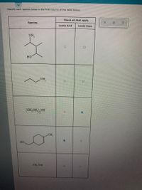 Classify cach speces Iisted in the first column of the table below.
Check all that apply
Species
Lewis Acid
Lewis Base
NH
но
NH
(CH;CH,) NH
CH
но
CH, NH
