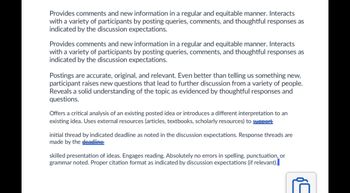 Provides comments and new information in a regular and equitable manner. Interacts
with a variety of participants by posting queries, comments, and thoughtful responses as
indicated by the discussion expectations.
Provides comments and new information in a regular and equitable manner. Interacts
with a variety of participants by posting queries, comments, and thoughtful responses as
indicated by the discussion expectations.
Postings are accurate, original, and relevant. Even better than telling us something new,
participant raises new questions that lead to further discussion from a variety of people.
Reveals a solid understanding of the topic as evidenced by thoughtful responses and
questions.
Offers a critical analysis of an existing posted idea or introduces a different interpretation to an
existing idea. Uses external resources (articles, textbooks, scholarly resources) to suppert
initial thread by indicated deadline as noted in the discussion expectations. Response threads are
made by the deadline
skilled presentation of ideas. Engages reading. Absolutely no errors in spelling, punctuation, or
grammar noted. Proper citation format as indicated by discussion expectations (if relevant).