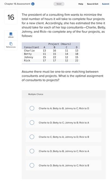 **Chapter 16 Assessment**

The president of a consulting firm wants to minimize the total number of hours it will take to complete four projects for a new client. Accordingly, she has estimated the time it should take for each of her top consultants—Charlie, Betty, Johnny, and Rick—to complete any of the four projects, as follows:

**Table: Hours Required to Complete Projects**
```
Consultant   Project (Hours)
            A    B    C    D
Charlie    13   16   11   13
Betty      11   15   14   18
Johnny     15   22   12   15
Rick       17   17   12   22
```

Assume there must be one-to-one matching between consultants and projects. What is the optimal assignment of consultants to projects?

**Multiple Choice Options:**
- ○ Charlie to A; Betty to B; Johnny to C; Rick to D
- ○ Charlie to D; Betty to C; Johnny to B; Rick to A
- ○ Charlie to C; Betty to A; Johnny to D; Rick to B
- ○ Charlie to D; Betty to B; Johnny to C; Rick to A
- ○ Charlie to D; Betty to A; Johnny to C; Rick to B