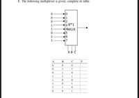 8. The following multiplexer is given; complete its table.
1
з 8*1
4MUX
1
1
ABC
A
В
F
1
1
1
1
1
1
1
1
1
1
1
O H N 3456o N
