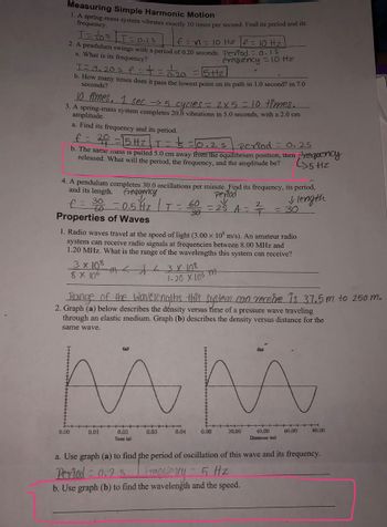 # Measuring Simple Harmonic Motion

1. A spring-mass system vibrates exactly 10 times per second. Find its period and its frequency.
   - \( n = 10 \)
   - \( T = \frac{1}{10} = 0.1 \text{s} \)
   - \( f = n = 10 \text{Hz} \)
   - **Answer:** \( f = 10 \text{Hz} \)

2. A pendulum swings with a period of 0.20 seconds. Find its frequency.
   - **Given:** Period (\( T \)) = 0.20 s
   - **Frequency (\( f \)) = \(\frac{1}{T}\) = \(\frac{1}{0.2}\) = 5 Hz**
   - **Answer:** Frequency = 5 Hz

3. How many times does it pass the lowest point on its path in 10.0 seconds?
   - In 1.0 second: 5 cycles
   - In 10.0 seconds: \( 2 \times 5 = 10 \text{ times} \)
   - **Answer:** 10 times

4. A spring-mass system completes 20.0 vibrations in 5.0 seconds, with a 2.0 cm amplitude.
   - **Find its frequency and its period.**
   - \( f = \frac{20}{5} = 4 \text{Hz} \)
   - \( T = \frac{1}{5} = 0.25 \text{s} \)
   - Period = 0.25 s
   - Frequency = 5 Hz
   - **Answer:** Frequency = 4 Hz, Period = 0.25 s

5. The same mass is pulled 5.0 cm away from the equilibrium position, then released. What will the period, the frequency, and the amplitude be?
   - **Given:** Amplitude = 5.0 cm (fixed, unless amplitude changes)

6. A pendulum completes 30.0 oscillations per minute. Find its frequency, its period, and its length.
   - **Frequency (\( f \)): \(\frac{30}{60} = 0.5 \text{Hz}\)**
   - **Period (\( T \)): 1/f = \(\frac{60}{30