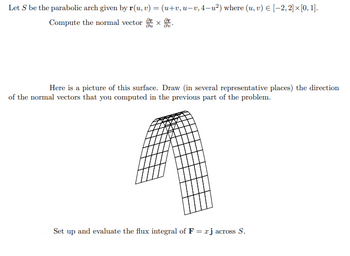 Let S be the parabolic arch given by r(u,v) = (u+v, u-v, 4-u²) where (u, v) € [−2, 2] × [0, 1].
Compute the normal vector xr
Here is a picture of this surface. Draw (in several representative places) the direction
of the normal vectors that you computed in the previous part of the problem.
Set
up
and evaluate the flux integral of F = j across S.
I