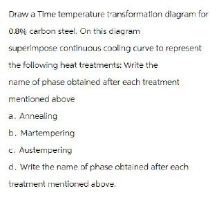 Draw a Time temperature transformation diagram for
0.8% carbon steel. On this diagram
superimpose continuous cooling curve to represent
the following heat treatments: Write the
name of phase obtained after each treatment
mentioned above
a. Annealing
b. Martempering
c. Austempering
d. Write the name of phase obtained after each
treatment mentioned above.