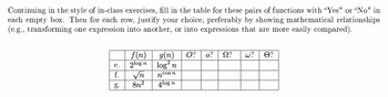 Continuing in the style of in-class exercises, fill in the table for these pairs of functions with "Yes" or "No" in
each empty box. Then for each row, justify your choice, preferably by showing mathematical relationships
(e.g., transforming one expression into another, or into expressions that are more easily compared).
e.
f.
g.
f(n)
2log n
√n
8n²
g(n)
log² n
ncos n
4log n
O? o?
Ω? w? 0?