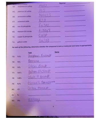 Nomenclature Practice
64) molybdenum sulfide
65) platinum (II) sulfide
66) ammonium sulfide
67)
68)
69)
70)
71)
74)
77)
78)
potassium oxide
73) P₂O5
79)
iron (II) phosphide
80)
titanium (IV) nitride
For each of the following, determine whether the compound is ionic or molecular and name it appropriately.
copper (1) phosphide
76) SiO₂
82)
gallium oxide
NH3
GaCl3
CoBr2
B₂H4
CO
81) P4
mos2
P+S
NH42 S
K20
Fe3P2
ti N0₂4
CH4
Cu3p
Ga 203
Type
Phosphorus Pentoxide
Ammonia
Silicon dioxide
gallium 111 Chloride
Cobalt 11 Bromide
diborane 4 Barany/broane
Carbon monoxide
methane
Name
4
Name