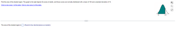 Find the area of the shaded region. The graph to the right depicts IQ scores of adults, and those scores are normally distributed with a mean of 100 and a standard deviation of 15.
Click to view page 1 of the table. Click to view page 2 of the table.
The area of the shaded region is. (Round to four decimal places as needed.)
C
70
115