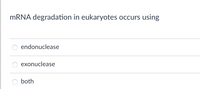 MRNA degradation in eukaryotes occurs using
endonuclease
exonuclease
both
