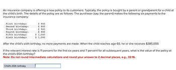 An insurance company is offering a new policy to its customers. Typically, the policy is bought by a parent or grandparent for a child at
the child's birth. The details of the policy are as follows: The purchaser (say, the parent) makes the following six payments to the
insurance company:
First birthday:
Second birthday:
Third birthday:
Fourth birthday:
Fifth birthday:
Sixth birthday:
After the child's sixth birthday, no more payments are made. When the child reaches age 65, he or she receives $385,000.
If the relevant interest rate is 11 percent for the first six years and 7 percent for all subsequent years, what is the value of the policy at
the child's 65th birthday?
Note: Do not round intermediate calculations and round your answer to 2 decimal places, e.g., 32.16.
Child's 65th birthday
$ 840
$ 840
$ 940
$ 940
$ 1,040
$ 1,040