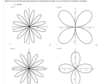 Sketch the curve with the given polar equation by first sketching the graph of r as a function of in Cartesian coordinates.
r = 6 cos(20)
CHOICE A
-2
CHOICE C
y
y
2
X
X
CHOICE B
y
4
X
X
4
-4
-4
CHOICE D
-4
-2
4
N
-2
-4
2
4
X