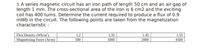 3. A series magnetic circuit has an iron path of length 50 cm and an air-gap of
length 1 mm. The cross-sectional area of the iron is 6 cm2 and the exciting
coil has 400 turns. Determine the current required to produce a flux of 0.9
mWb in the circuit. The following points are taken from the magnetization
characteristic :
Flux Density (Wb/m²)
Magnetizing Force (At/m)
1.2
500
1.35
1.45
1.55
1000
2000
4500
