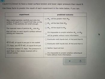 ### Experiment Analysis: Surface Tension and Vapor Pressure

**Background**:
Liquid A has a lower surface tension and lower vapor pressure compared to Liquid B. These properties affect how particles behave on the surface of the liquids and their boiling points under reduced pressure.

#### Experiment 1: Surface Tension

**Objective**: 
Determine the heaviest mass of particles (\(m_A\) and \(m_B\)) that can remain on the surface of Liquid A and Liquid B without sinking.

- **Predicted Outcomes**:
  - \(m_A\) will be greater than \(m_B\)
  - \(m_A\) will be less than \(m_B\)
  - \(m_A\) will be equal to \(m_B\)
  - It's impossible to predict whether \(m_A\) or \(m_B\) will be greater without more information

#### Experiment 2: Boiling Point under Reduced Pressure

**Objective**:
Assess the boiling behavior of equal volumes of Liquids A and B when placed in separate 5 L sealed flasks and subjected to a gradual pressure reduction using a vacuum pump.

- **Predicted Outcomes**:
  - Eventually both liquids boil, A first and then B.
  - Eventually both liquids boil, B first and then A.
  - Neither liquid will boil.
  - It's impossible to predict whether either liquid boils without more information.

These experiments utilize the distinct properties of liquid A and B to predict behaviors crucial in chemical and physical processes. Further data or experimental results are needed for conclusive predictions.