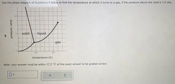 Use the phase diagram of Substance X below to find the temperature at which X turns to a gas, if the pressure above the solid is 1.6 atm.
pressure (atm)
20-
10- solid
°C
0-
100
liquid
200
temperature (K)
Note: your answer must be within 12.5 °C of the exact answer to be graded correct.
X
gas