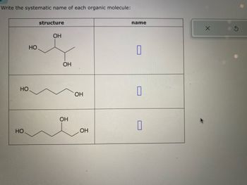 Write the systematic name of each organic molecule:
НО
НО
НО
structure
ОН
ОН
ОН
ОН
ОН
name
0
0
Г
0
X