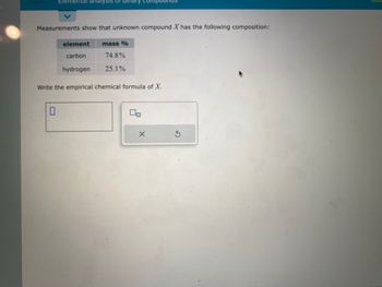 Elemental analysis of
Measurements show that unknown compound X has the following composition:
0
element
carbon
hydrogen
mass %
74.8%
25.1%
Write the empirical chemical formula of X.
00
X