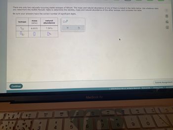 There are only two naturally-occuring stable isotopes of lithium. The mass and natural abundance of one of them is listed in the table below. Use whatever data
you need from the ALEKS Periodic Table to determine the identity, mass and natural abundance of the other isotope, and complete the table.
Be sure your answers have the correct number of significant digits.
isotope
'Li
Oli
Continue
F2
mass
(amu)
6.0151
natural
abundance
7.59%
0%
80
F3
888
F4
$
PRAAK
%
5
S
F5
MacBook Air
A
F6
&
7
B
F7
*
8
DII
FO
Ⓒ2023 McGraw Hill LLC. All Rights Reserved. Terms of Use | Privacy Center Accessibili
)
?
F10
F
ol
Ar
Submit Assignment
F