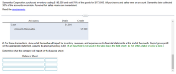 Samantha Corporation purchased inventory costing $140,000 and sold 70% of the goods for $173,000. All purchases and sales were on account. Samantha later collected
30% of the accounts receivable. Assume that sales returns are nonexistent.
Read the requirements.
Cash
Accounts
Accounts Receivable
Debit
51,900
C
Credit
51,900
2. For these transactions, show what Samantha will report for inventory, revenues, and expenses on its financial statements at the end of the month. Report gross profit
on the appropriate statement. Assume beginning inventory is $0. (If an input field is not used in the table leave the field empty; do not enter a label or enter a zero.)
Determine what the company will report on the balance sheet:
Balance Sheet