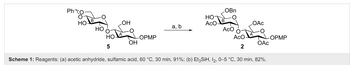 Pho
OBn
HO
HO
OH
HO
a, b
ACO
OAC
AcO
HOA
OPMP
ACO-
-OPMP
OH
5
OAC
2
Scheme 1: Reagents: (a) acetic anhydride, sulfamic acid, 60 °C, 30 min, 91%; (b) Et3SiH, 12, 0-5 °C, 30 min, 82%.